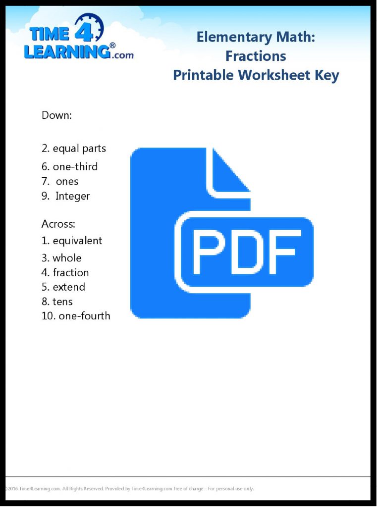 Free math fractions printable worksheet key